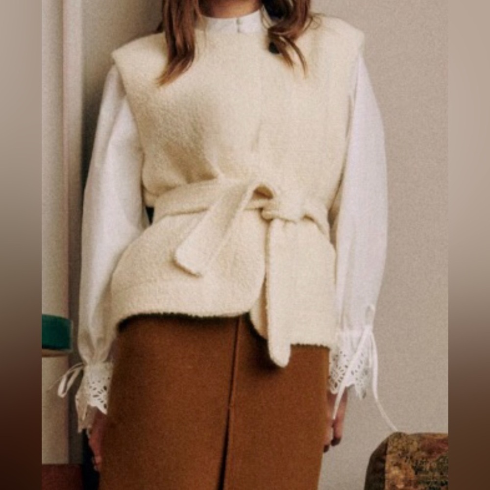 SEZANE Sebastine Quiet Luxury Cream Sleeveless Belted Wool Jacket NWT Size 8 - Picture 4 of 10
